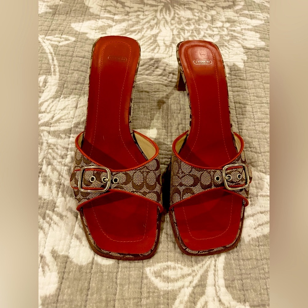 Coach Melanie Signature “C” 2” sandal. Never worn. Cherry red and brown/tan.